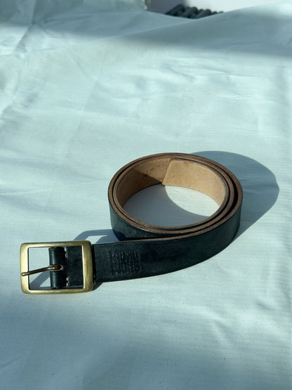 Brown leather belt with gold buckle on a light blue background